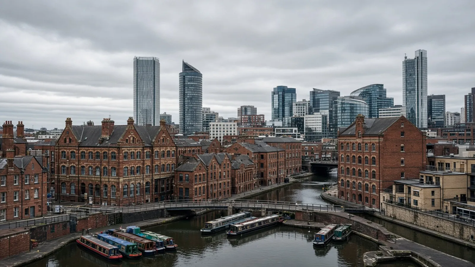 Birmingham canal basin with Victorian brick warehouses and contemporary towers