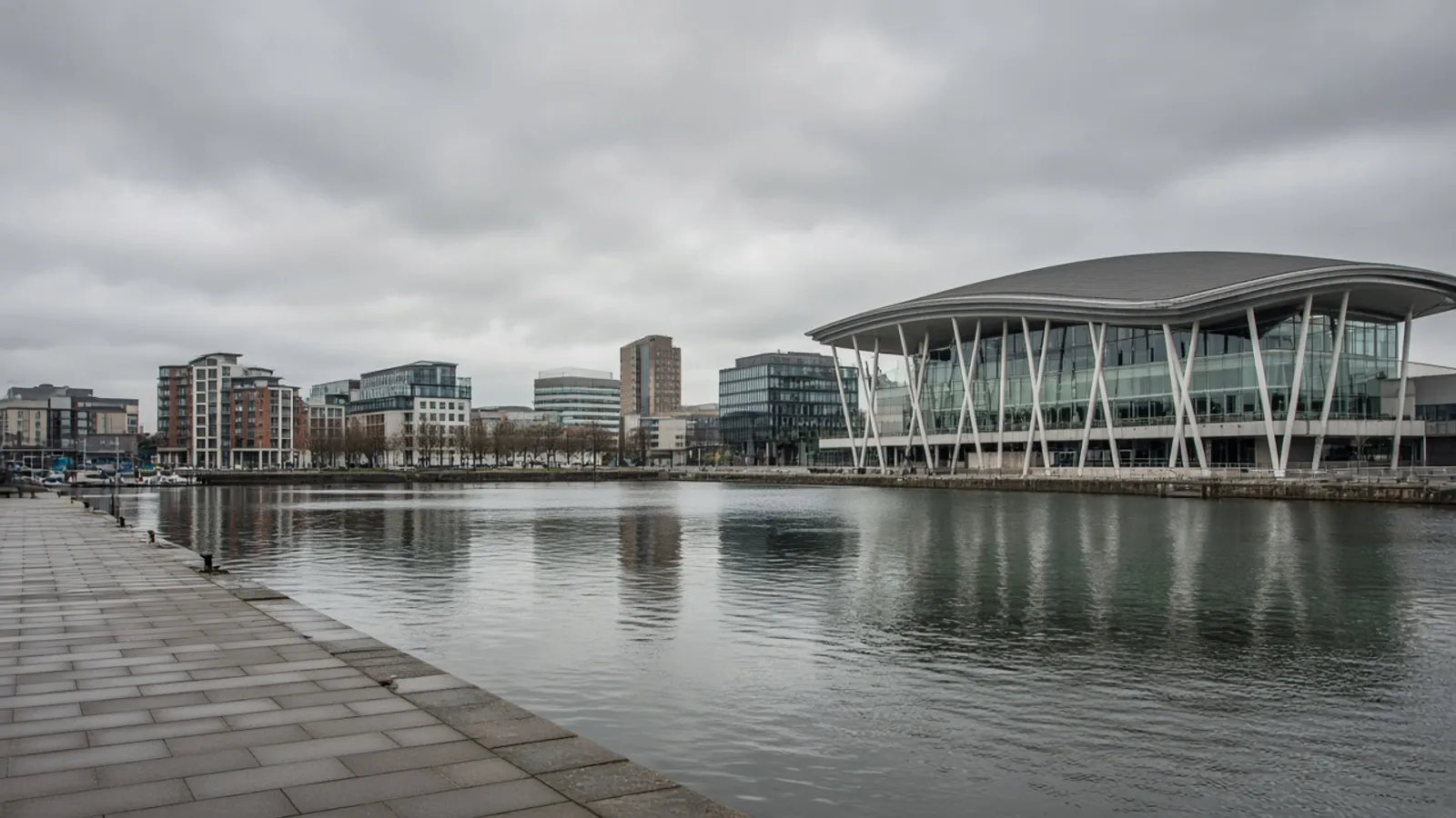 Cardiff Bay waterfront civic buildings under overcast Welsh daylight