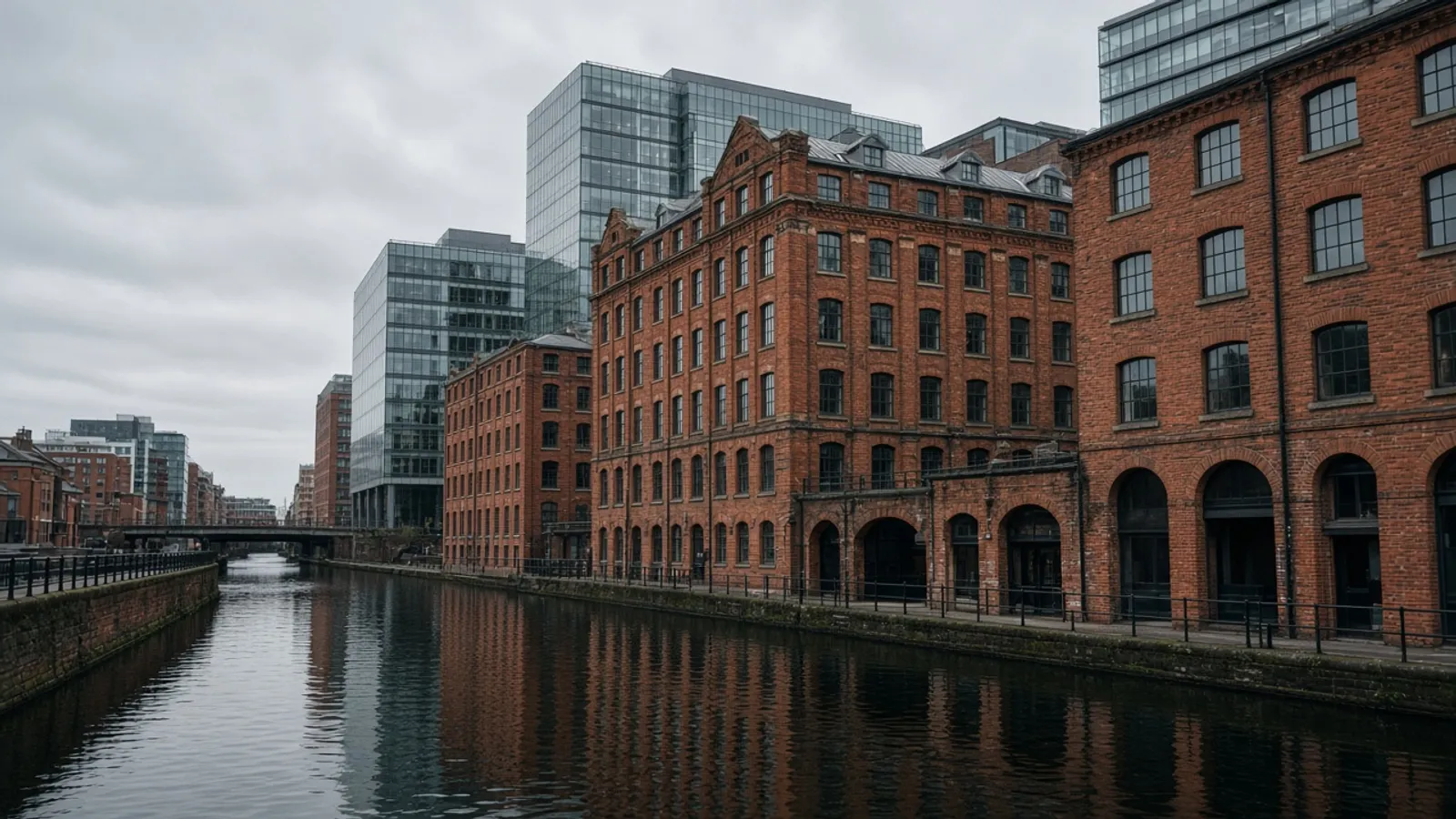 Manchester canal reflecting red-brick mills beside contemporary glass offices