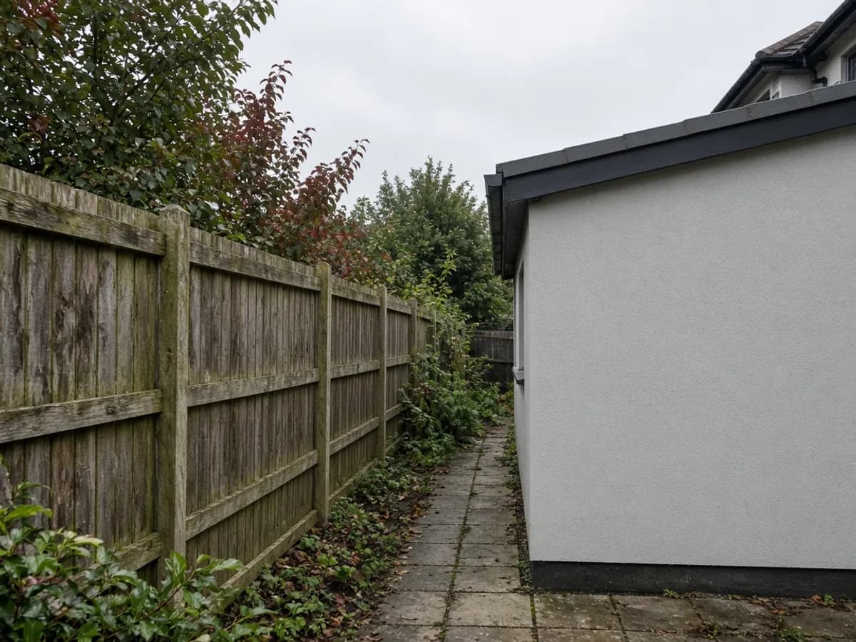Suburban garden fence meeting a rear extension along a UK property line