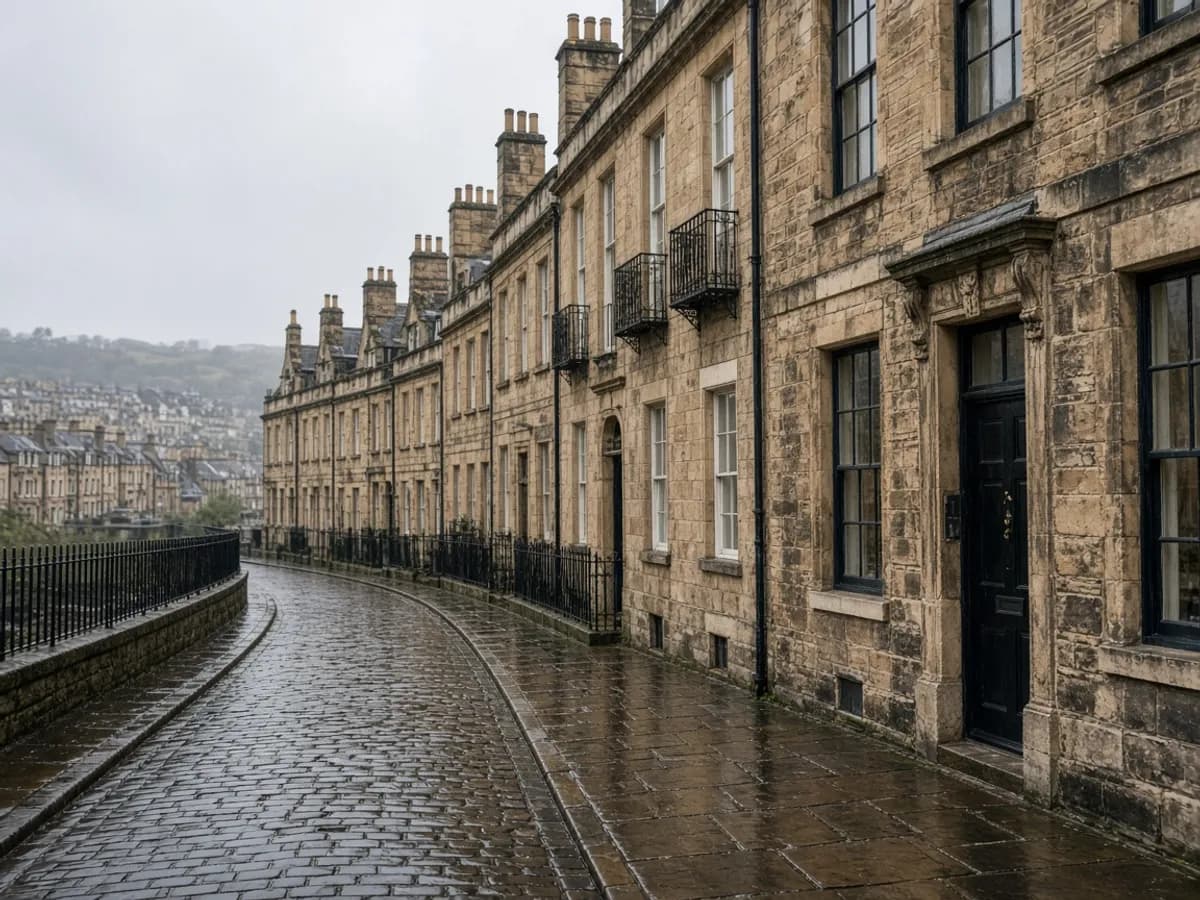 Wet sandstone terrace street in a UK city used as measured building context