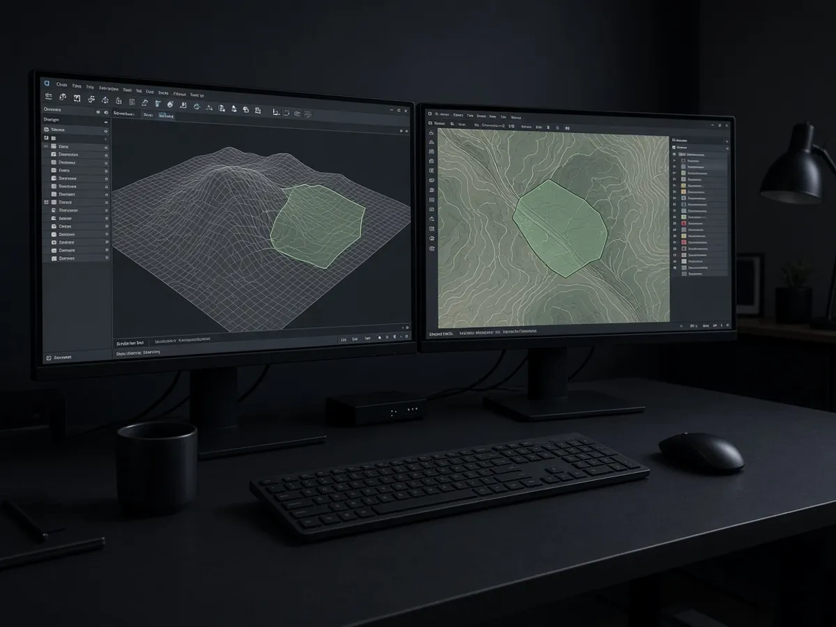 Dual monitors showing CAD contours and a GIS site polygon in a dark office