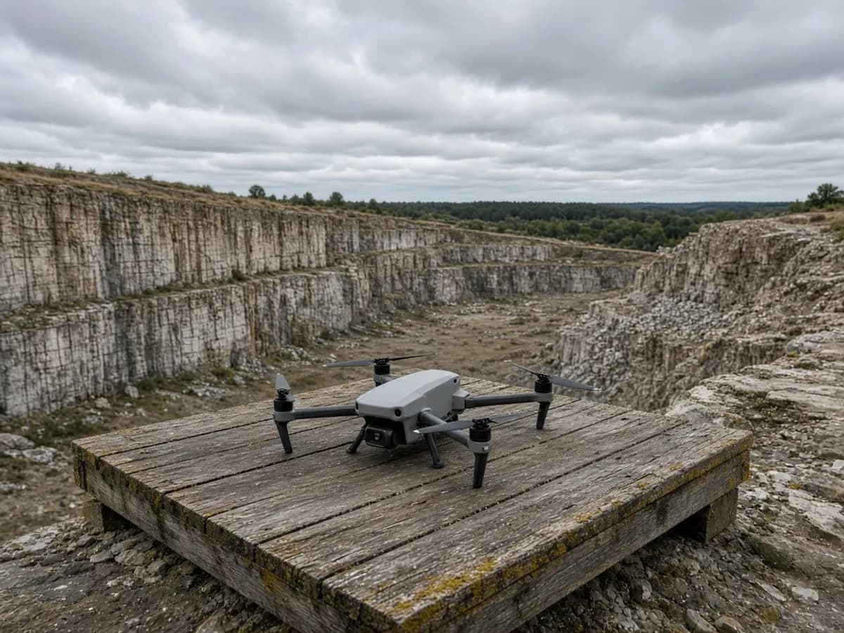 Mapping drone on a timber pad at the edge of a UK quarry face