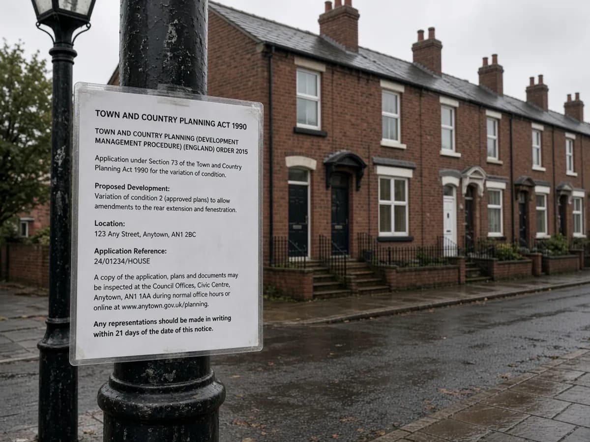 Planning notice attached to a lamp post on a wet UK terrace street