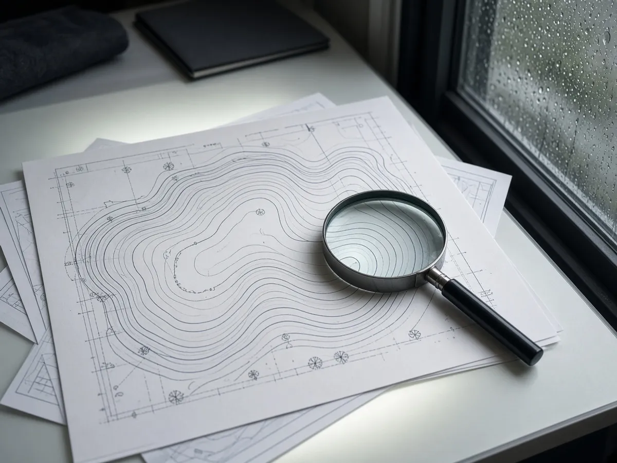 Printed contour and title plans on a light table with a magnifying glass