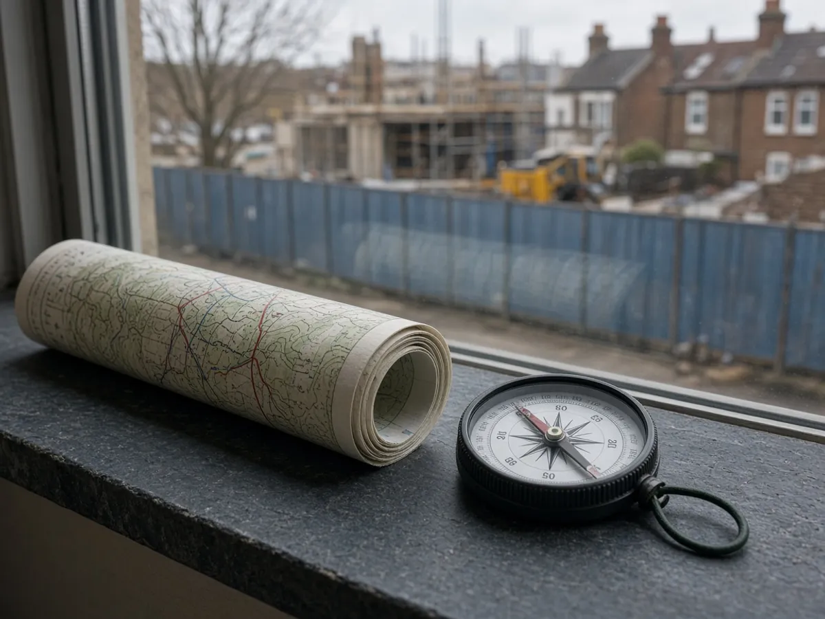 Rolled map and compass on a slate sill overlooking UK construction hoarding