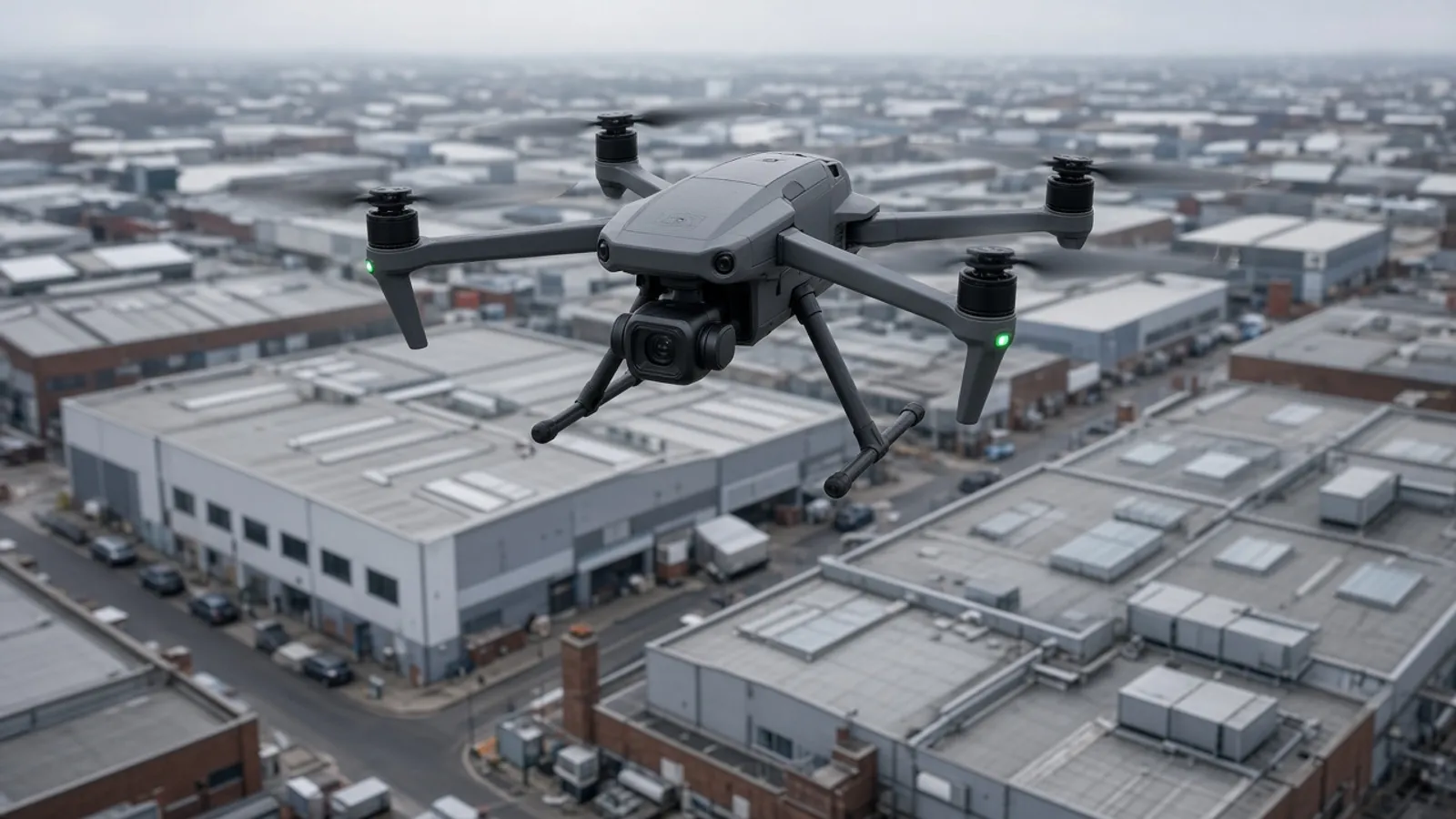 Mapping drone hovering above an industrial rooftop under grey British sky