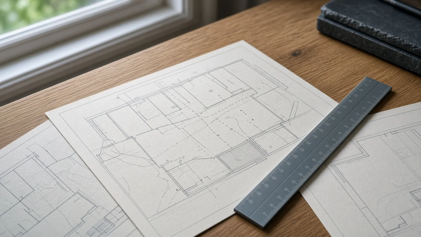 Paper title plans and a scale ruler laid on an oak desk beside a UK window