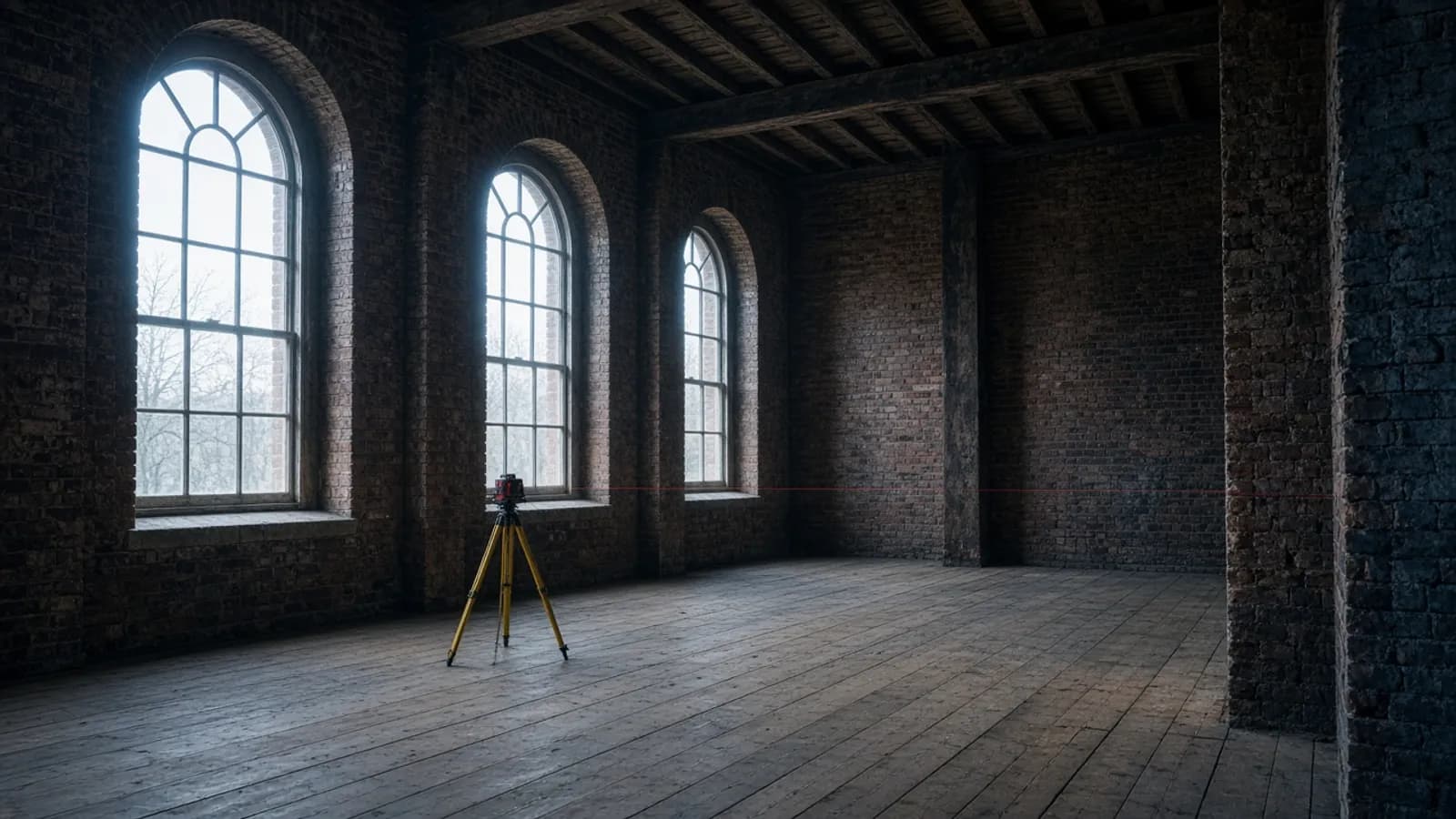 Empty brick warehouse interior with tall arched windows prepared for a measured building survey