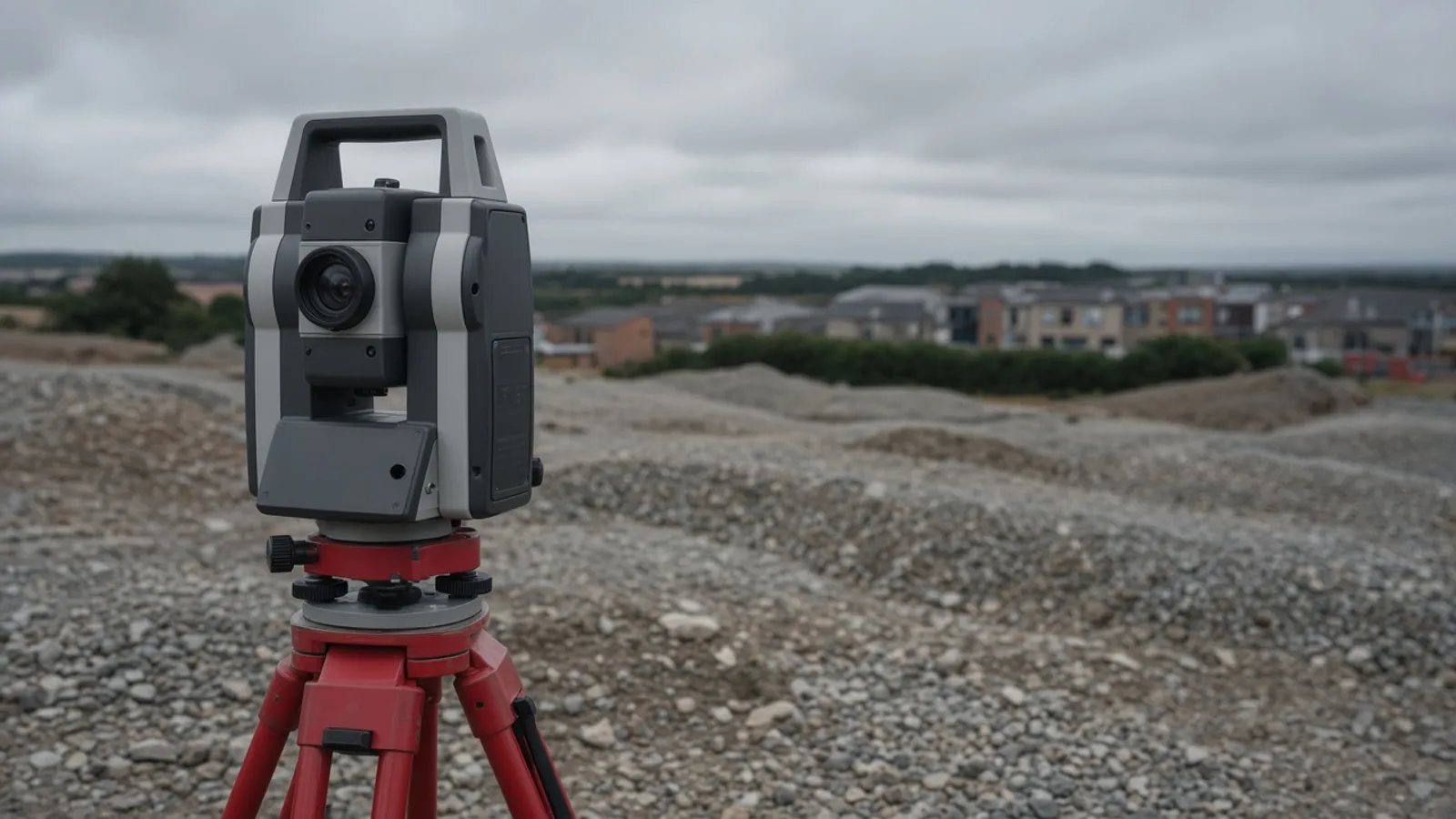 Total station on a tripod recording ground levels on a gravel UK development site